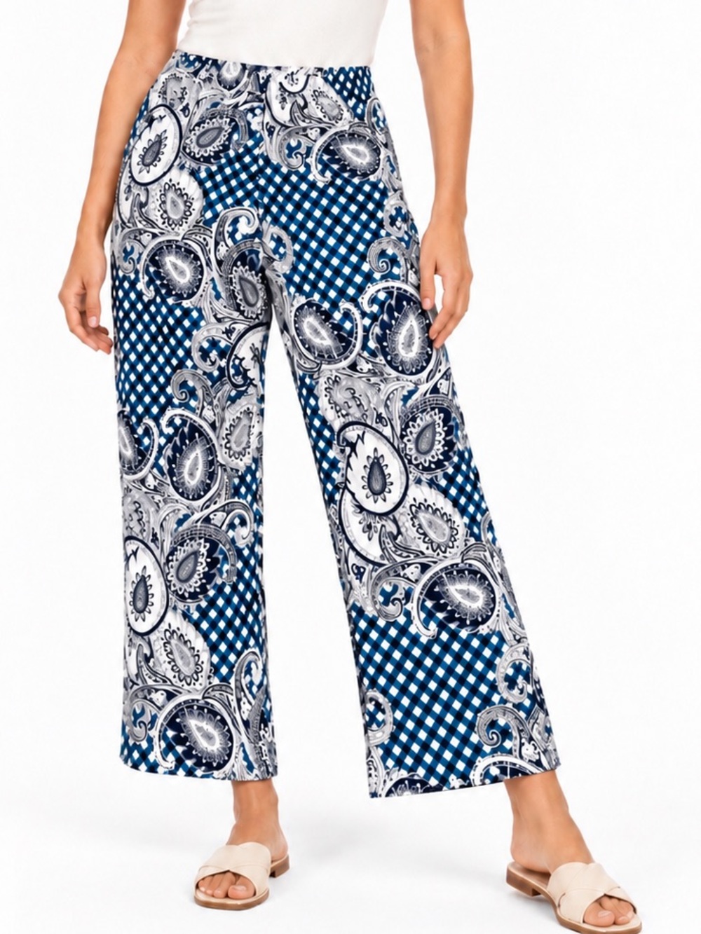 MELISSA PAIGE Flowy Pull-On Elastic Navy Blue & White Paisley Wide-Leg Pants LHP
